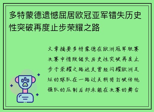 多特蒙德遗憾屈居欧冠亚军错失历史性突破再度止步荣耀之路 多特蒙德遗憾屈居欧冠亚军错失历史性突破再度止步荣耀之路